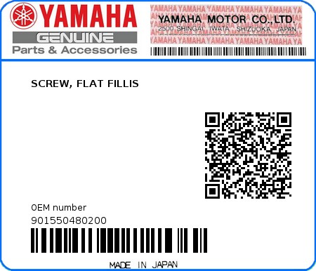 Product image: Yamaha - 901550480200 - SCREW, FLAT FILLIS  0