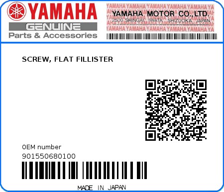 Product image: Yamaha - 901550680100 - SCREW, FLAT FILLISTER  0
