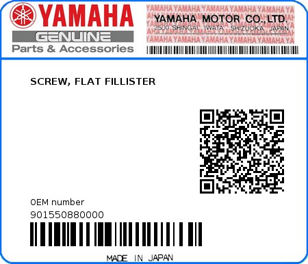 Product image: Yamaha - 901550880000 - SCREW, FLAT FILLISTER  0