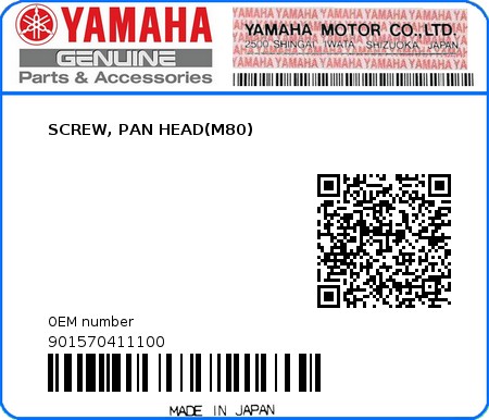 Product image: Yamaha - 901570411100 - SCREW, PAN HEAD(M80)  0