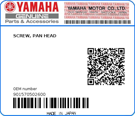 Product image: Yamaha - 901570502600 - SCREW, PAN HEAD  0