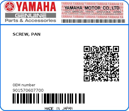 Product image: Yamaha - 901570607700 - SCREW, PAN  0