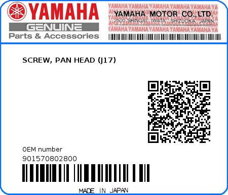 Product image: Yamaha - 901570802800 - SCREW, PAN HEAD (J17)  0
