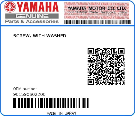 Product image: Yamaha - 901590602200 - SCREW, WITH WASHER  0