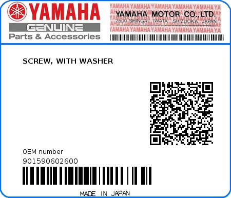 Product image: Yamaha - 901590602600 - SCREW, WITH WASHER  0