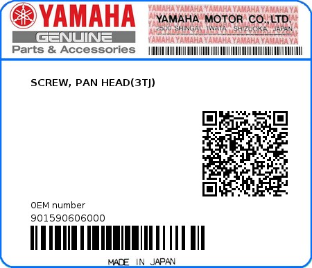 Product image: Yamaha - 901590606000 - SCREW, PAN HEAD(3TJ)  0