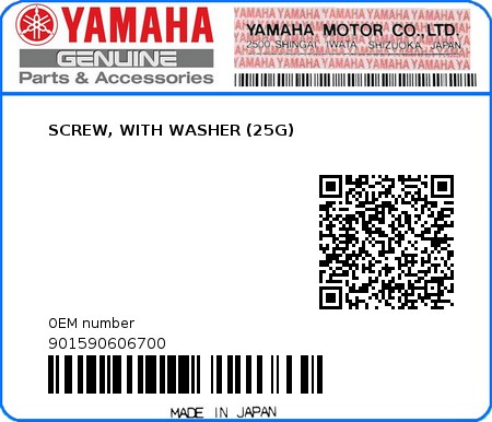 Product image: Yamaha - 901590606700 - SCREW, WITH WASHER (25G)  0