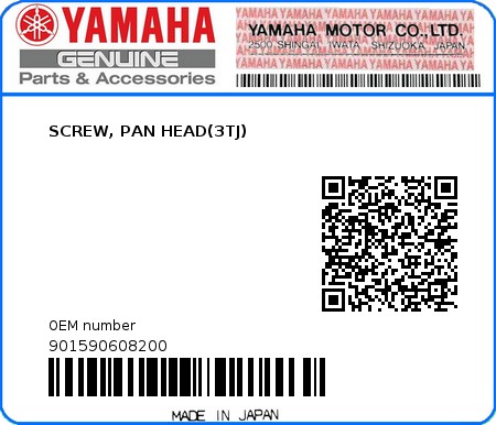 Product image: Yamaha - 901590608200 - SCREW, PAN HEAD(3TJ)  0