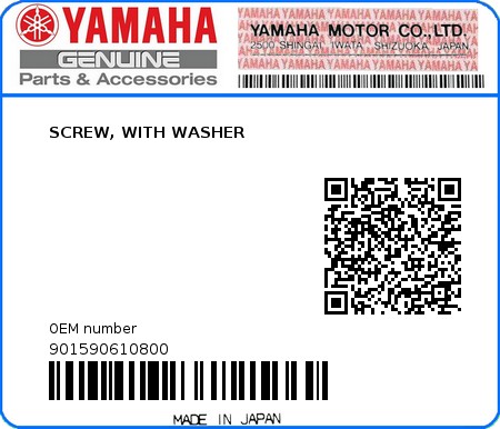 Product image: Yamaha - 901590610800 - SCREW, WITH WASHER   0