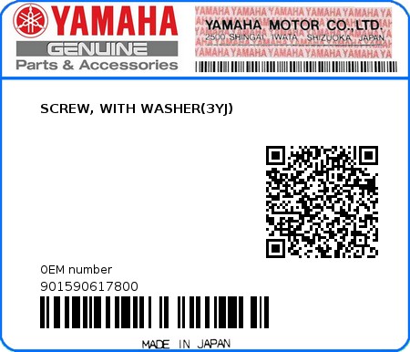 Product image: Yamaha - 901590617800 - SCREW, WITH WASHER(3YJ)  0
