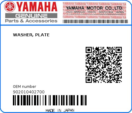 Product image: Yamaha - 902010402700 - WASHER, PLATE  0