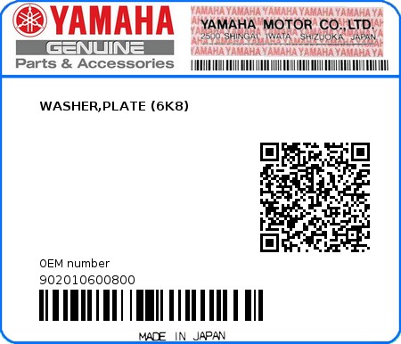 Product image: Yamaha - 902010600800 - WASHER,PLATE (6K8)  0