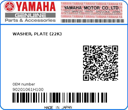 Product image: Yamaha - 90201061H100 - WASHER, PLATE (22K)  0