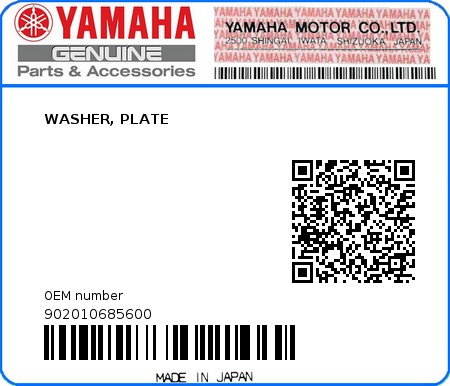 Product image: Yamaha - 902010685600 - WASHER, PLATE  0