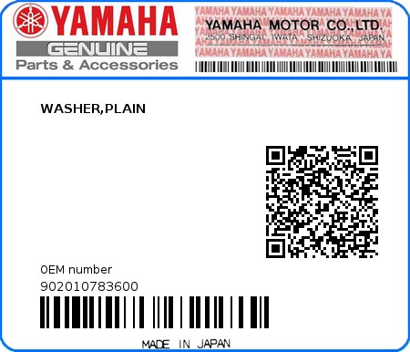 Product image: Yamaha - 902010783600 - WASHER,PLAIN  0