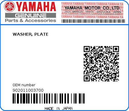 Product image: Yamaha - 902011003700 - WASHER, PLATE  0