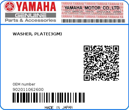 Product image: Yamaha - 902011062600 - WASHER, PLATE(3GM)  0