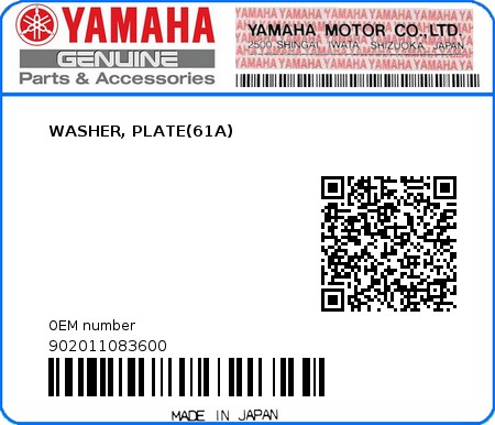 Product image: Yamaha - 902011083600 - WASHER, PLATE(61A)  0