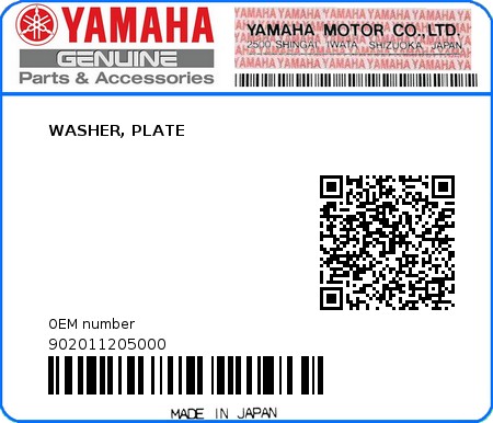 Product image: Yamaha - 902011205000 - WASHER, PLATE  0
