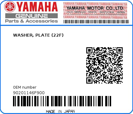 Product image: Yamaha - 90201146F900 - WASHER, PLATE (22F)  0