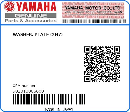 Product image: Yamaha - 902013066600 - WASHER, PLATE (2H7)  0