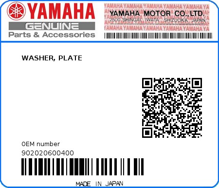 Product image: Yamaha - 902020600400 - WASHER, PLATE  0