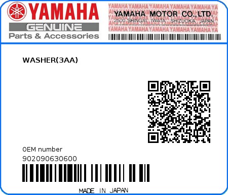 Product image: Yamaha - 902090630600 - WASHER(3AA)  0