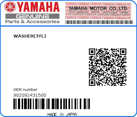 Product image: Yamaha - 902092431500 - WASHER(3YL)  0