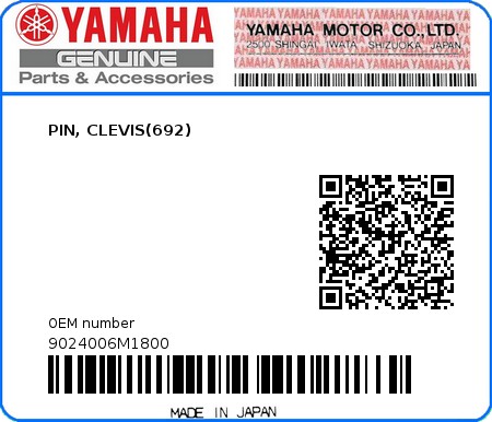 Product image: Yamaha - 9024006M1800 - PIN, CLEVIS(692)  0