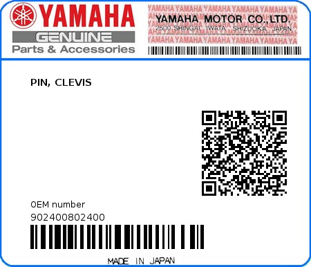 Product image: Yamaha - 902400802400 - PIN, CLEVIS  0