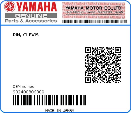 Product image: Yamaha - 902400806300 - PIN, CLEVIS  0