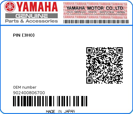 Product image: Yamaha - 902400806700 - PIN (3H0)  0