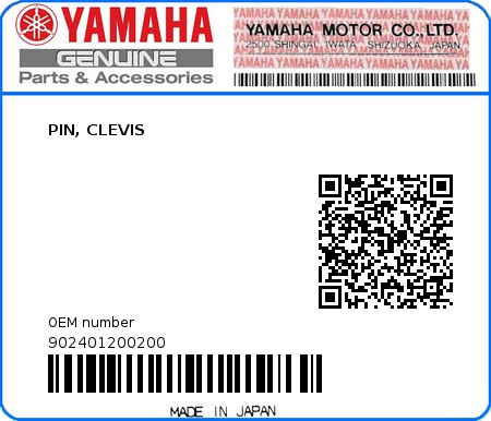 Product image: Yamaha - 902401200200 - PIN, CLEVIS  0
