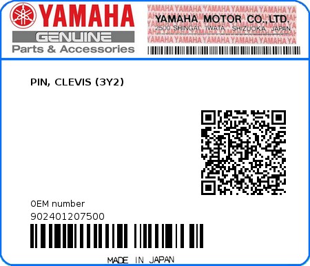 Product image: Yamaha - 902401207500 - PIN, CLEVIS (3Y2)  0