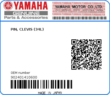 Product image: Yamaha - 902401410600 - PIN, CLEVIS (34L)  0