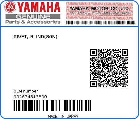 Product image: Yamaha - 902674813800 - RIVET, BLIND(80N)  0