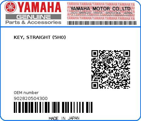 Product image: Yamaha - 902820504300 - KEY, STRAIGHT (5H0)  0