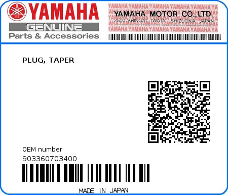 Product image: Yamaha - 903360703400 - PLUG, TAPER  0