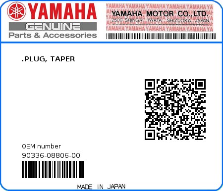 Product image: Yamaha - 90336-08806-00 - .PLUG, TAPER  0