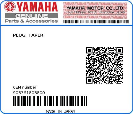 Product image: Yamaha - 903361803800 - PLUG, TAPER   0