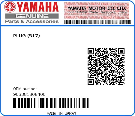Product image: Yamaha - 903381806400 - PLUG (517)  0
