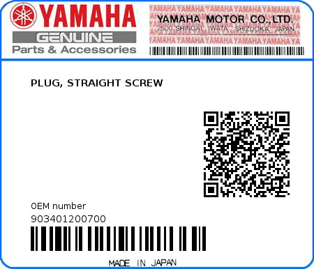 Product image: Yamaha - 903401200700 - PLUG, STRAIGHT SCREW  0