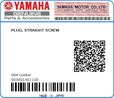 Product image: Yamaha - 903401401100 - PLUG, STRAIGHT SCREW  0