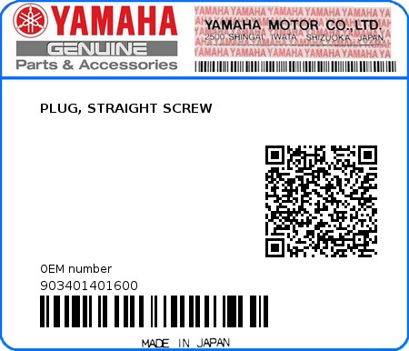 Product image: Yamaha - 903401401600 - PLUG, STRAIGHT SCREW  0
