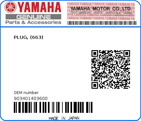 Product image: Yamaha - 903401403600 - PLUG, (663)  0
