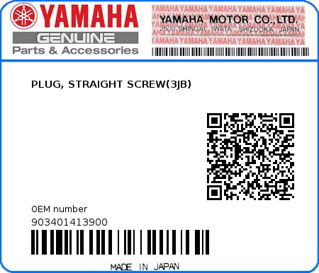 Product image: Yamaha - 903401413900 - PLUG, STRAIGHT SCREW(3JB)  0