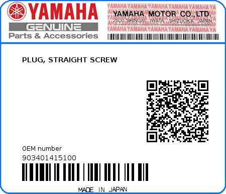 Product image: Yamaha - 903401415100 - PLUG, STRAIGHT SCREW   0