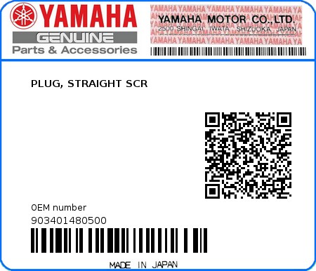 Product image: Yamaha - 903401480500 - PLUG, STRAIGHT SCR  0