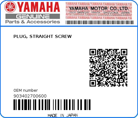 Product image: Yamaha - 903402700600 - PLUG, STRAIGHT SCREW  0