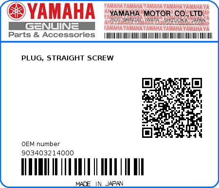 Product image: Yamaha - 903403214000 - PLUG, STRAIGHT SCREW   0